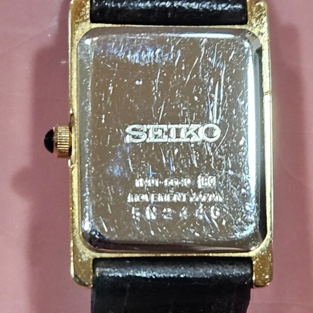 Seiko Women's Tank Watch w/ White Face & Black Leather Strap, Cabuchon stem - Picture 3 of 11